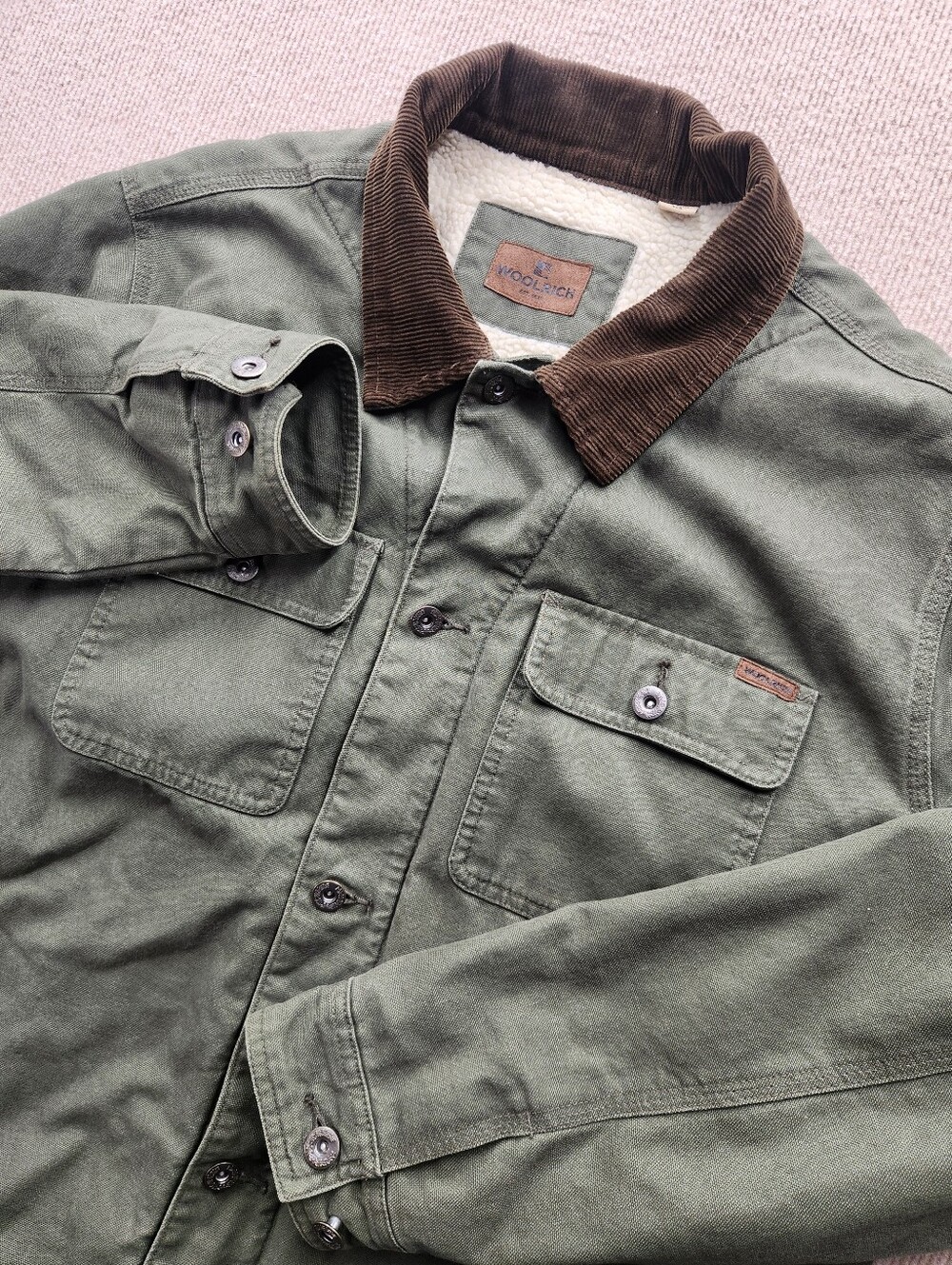 Woolrich Men's L Green Canvas Sherpa Lined Field Jacket Button Front Pockets